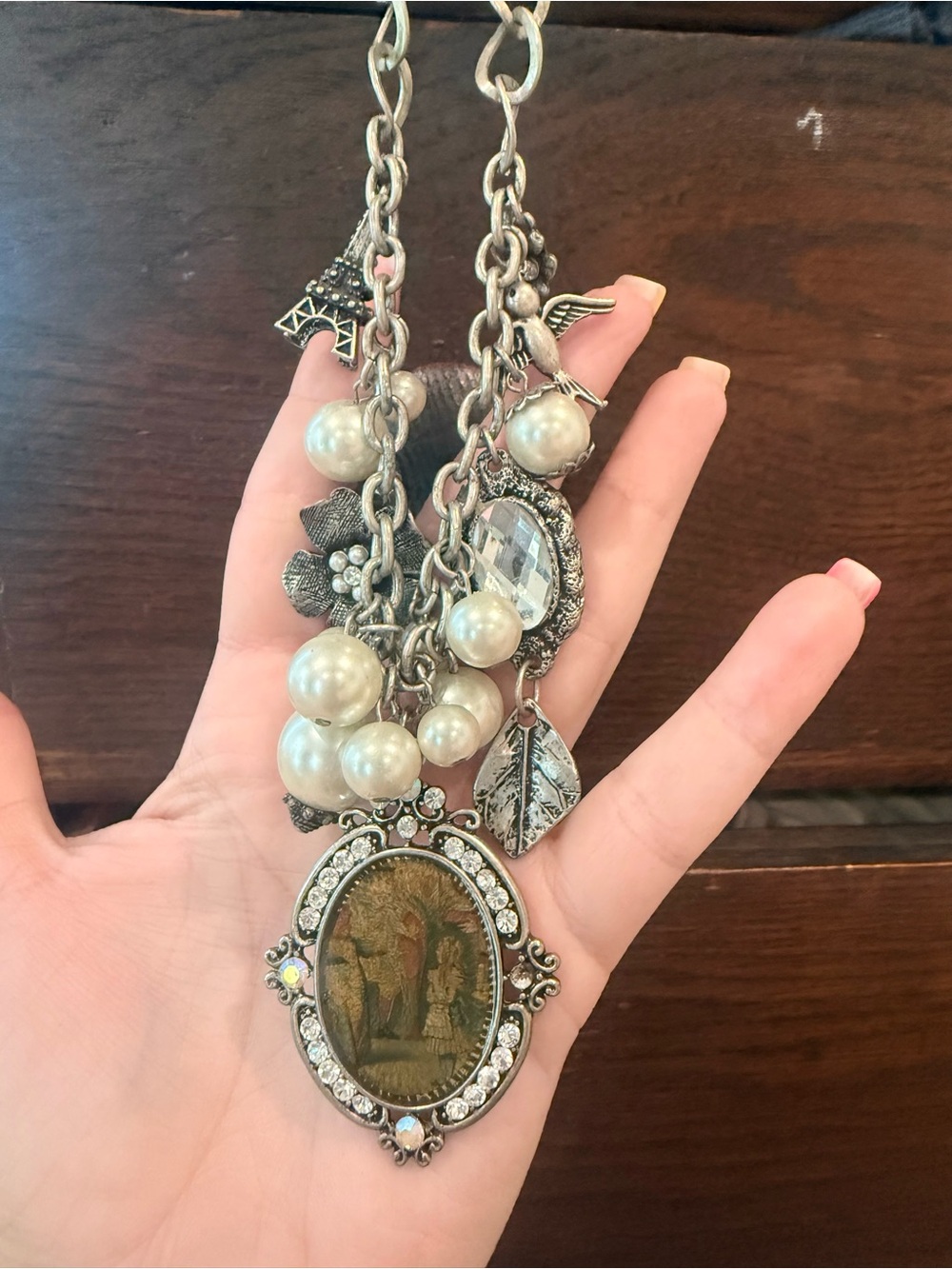 Vintage-Inspired Silver Pearl Charm Pendant Necklace - Cream